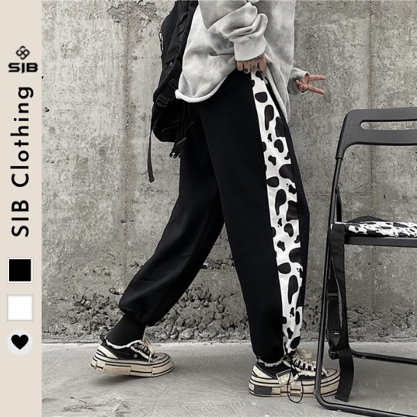 Quần dài ống rộng SIB Clothing rút ống hoạ tiết bò sữa SIB005