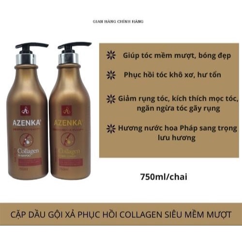 Cặp dầu gội xả Collagen AZENKA - Hương nước hoa thơm lâu nhập Pháp - Chai 750 ml ♥️ CDGXCLGAZK