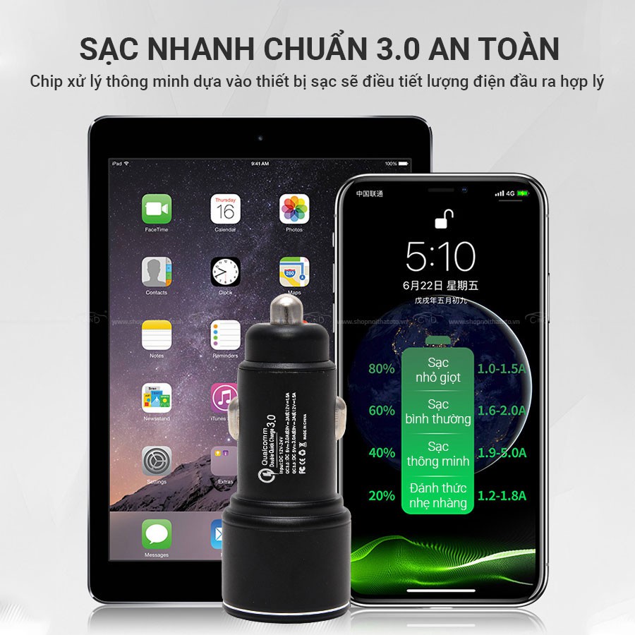 [Mã BMBAU50 giảm 10% đơn 99k] Tẩu Sạc Nhanh QC3.0 2 Cổng USB CIND C75 Màu Đen Nhập Khẩu Chính Hãng