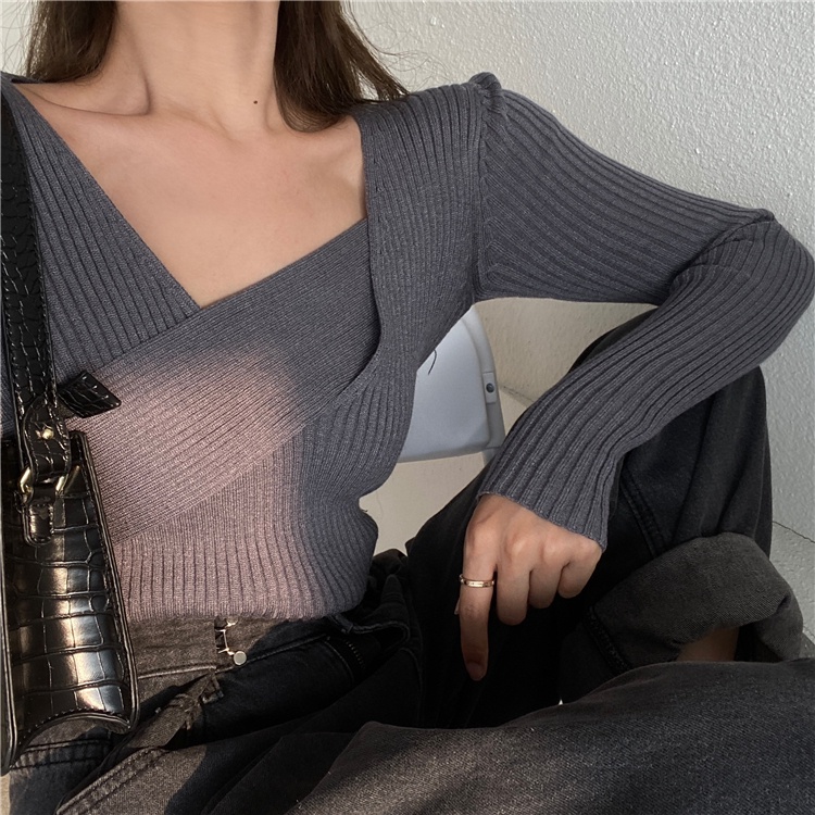 【ZHELIHANGFEI】Áo Sweater Dệt Kim Tay Dài Thiết Kế Cổ Chữ V Thanh Lịch