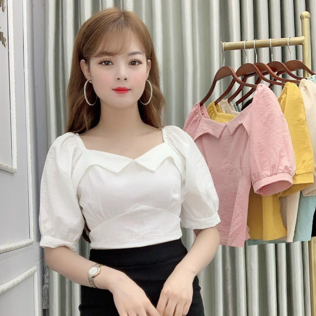 Áo sơ mi nữ công sở ngắn tay thiết kế trễ vai - 5 Màu Trắng, Hồng, Be, Vàng, Đen  - A24 - Thời Trang Nữ Hanlly Fashion | BigBuy360 - bigbuy360.vn