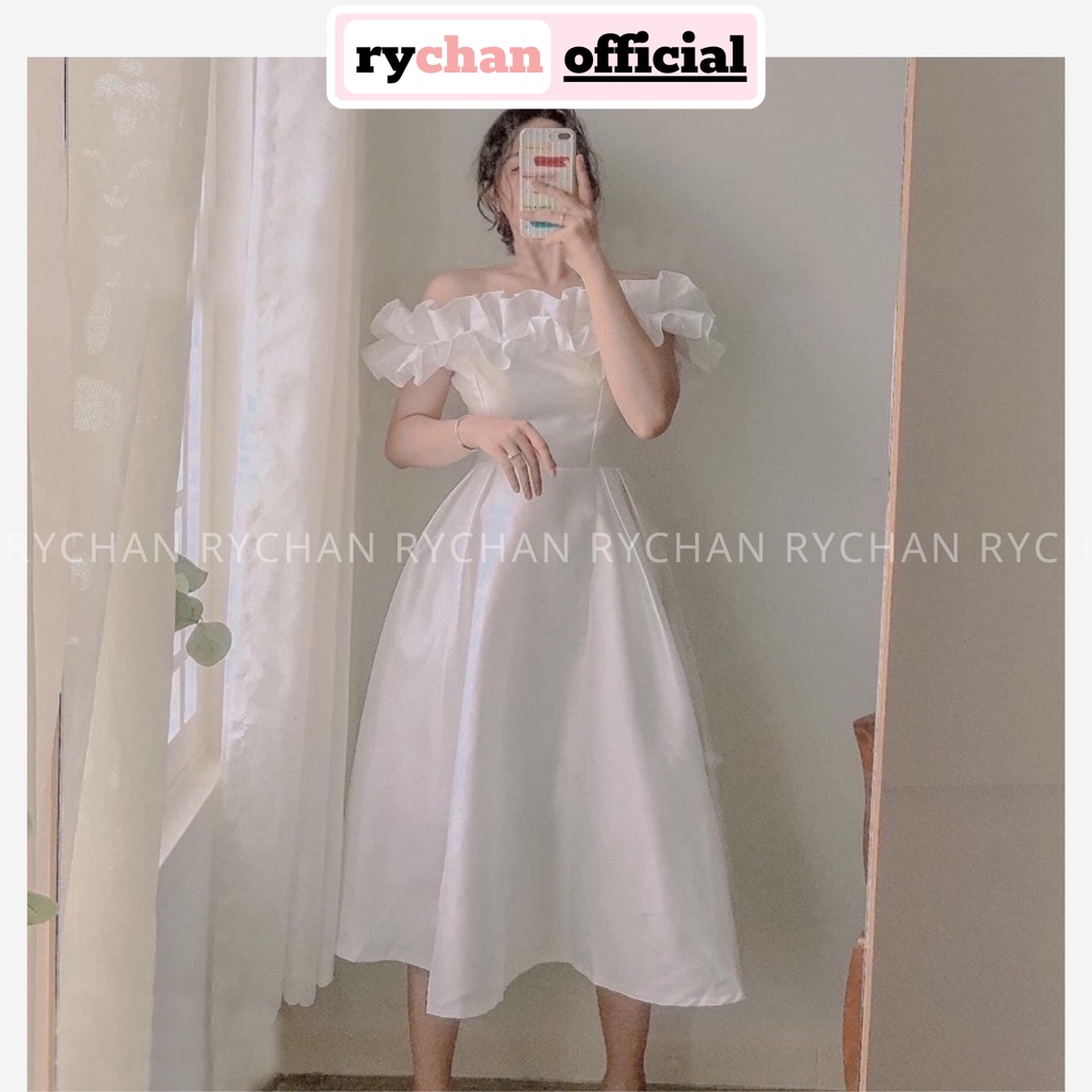 Đầm Nữ Dự Prom Dáng Dài Màu Trắng Trễ Vai Phối Bèo Bản To Bo Eo Cực Sang Chảnh [ẢNH THẬT CUỐI] - DX9901