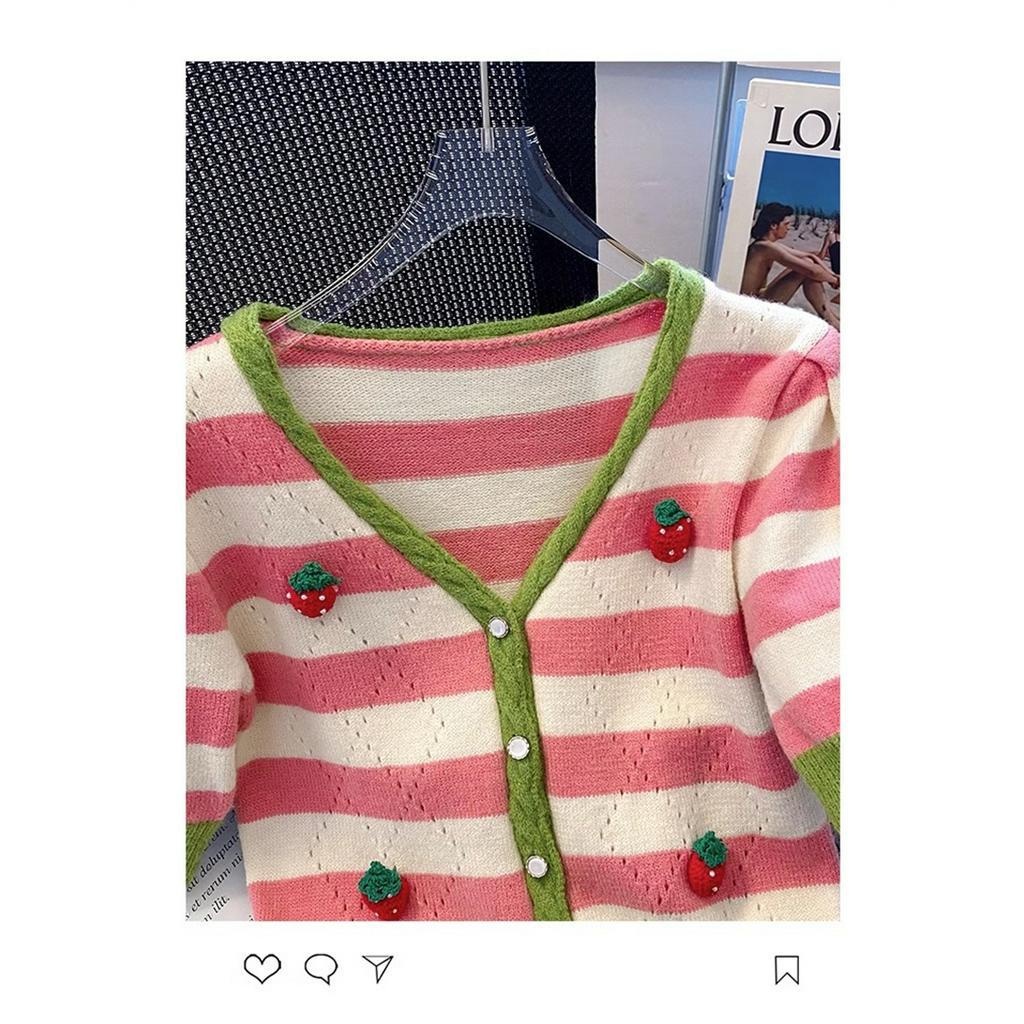 Áo cardigan Ngắn Tay Cổ Chữ V Họa Tiết Kẻ Sọc Thiết Kế Mới Thời Trang Mùa Hè Theo Phong Cách Hàn Quốc