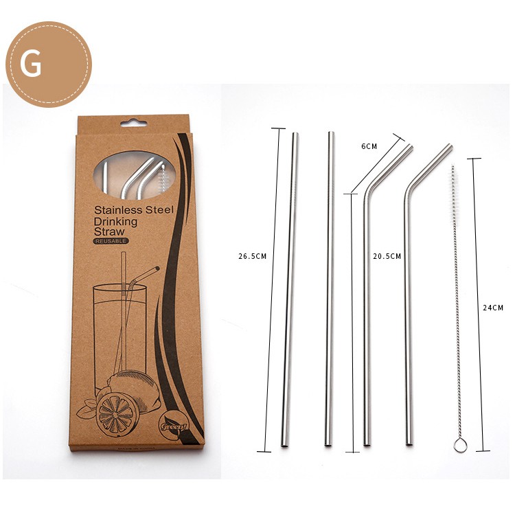 Combo 2 Ống hút inox thẳng 2 ống cong dài kèm cọ rửa Stainless Steel Straws - Thân Thiện Với Môi Trường - Dài 26.5 cm