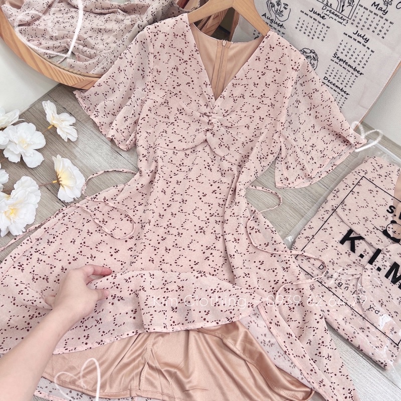 [Hàng sẵn] Đầm voan lụa tay tiên nhíu ngực nơ sau nhẹ nhàng dáng ngắn - hình thật