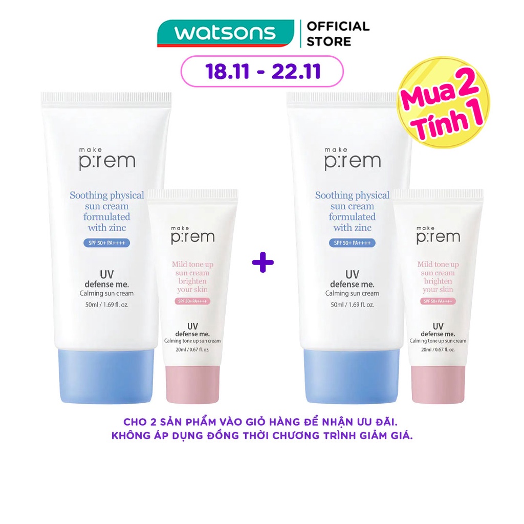 Set Kem Chống Nắng Vật Lý Make Prem Làm Dịu SPF50+ PA++++ (Calming 50ml + Calming Tone Up 20ml)