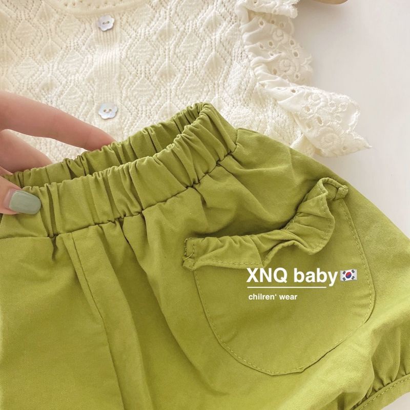 Bộ Áo Sát Nách + Quần Short Dệt Kim Phối Ren Phong Cách Nhật Hàn Thời Trang Mùa Hè Mới 2022 Cho Bé Gái
