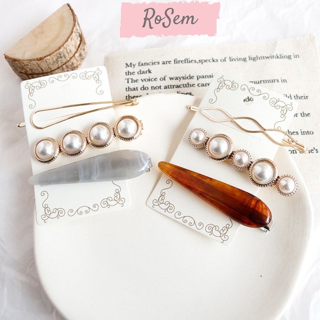Set kẹp tóc mái Hàn Quốc gắn đá  cẩm thạch nhân tạo