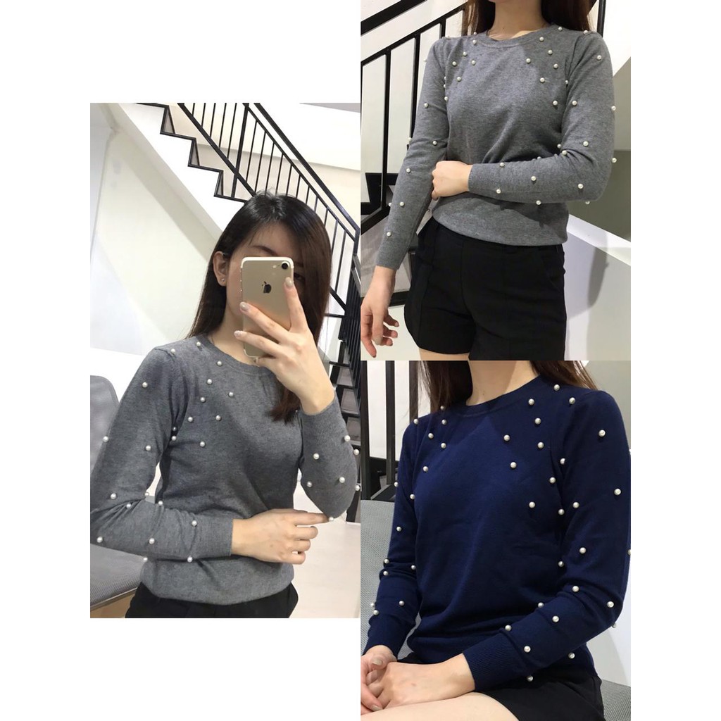 Áo Sweater Dệt Kim Tay Dài Đính Ngọc Trai