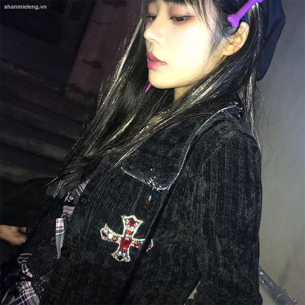Áo khoác cardigan dệt kim màu đen đính đá phong cách punk 2021 cho nữ y2k