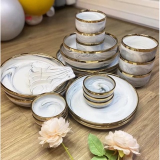 Bộ bát đĩa 26 món vân hồng viền mạ vàng phong cách Bắc Âu