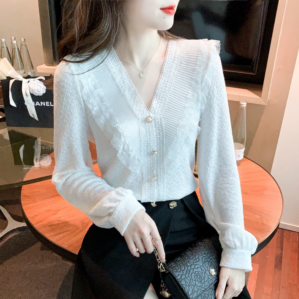 Áo Sơ Mi Voan Cổ Chữ V Phối Ren Màu Trắng Thời Trang Mùa Xuân Phong Cách Hàn Quốc K4444 2022
