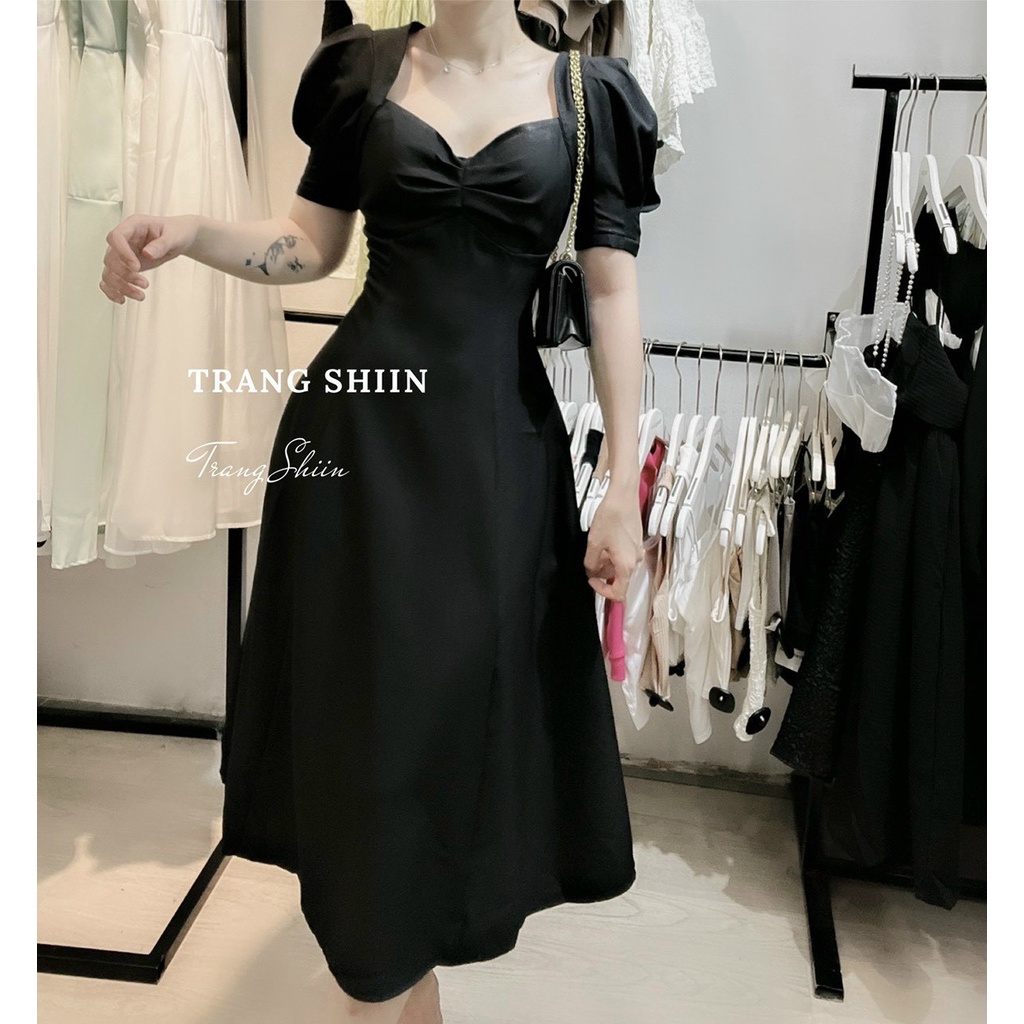 Đầm midi nhíu ngực tay phồng nhẹ nhàng,nữ tính