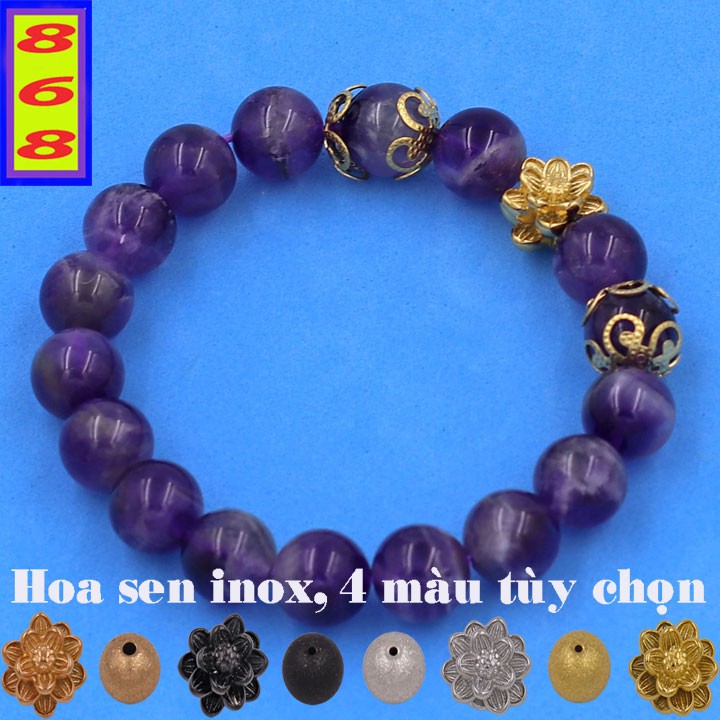 Chuỗi Tay Phong Thủy Màu Tím Than 8 ly, 10 ly, 12 ly, 14 ly Charm Hoa Sen Inox - Phong thủy 868