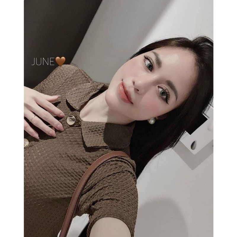 Váy polo xốp khuy đồng 2 màu Đen, Nâu