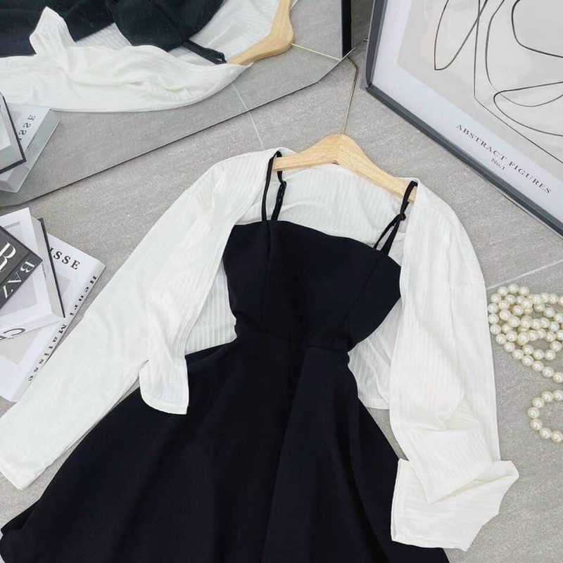 ❤️ SET ĐẦM ĐEN KÈM KHOÁC GÂN TRẮNG ❤️ | BigBuy360 - bigbuy360.vn