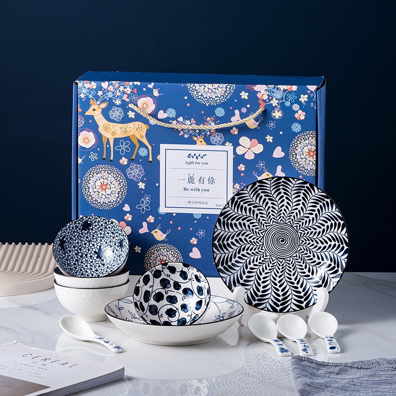 Bộ Bát Đĩa Quà Tặng Bộ Chén Dĩa Vẽ Hoa Văn Xanh Trắng Phong Cách Nhật Bản 14 chi tiết