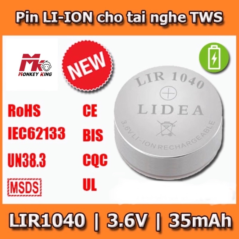 Pin nút Li-ion 3.6V LIR1040 35mAh (Lithium ion) cho tai nghe Bluetooth TWS, có thể sạc lại được