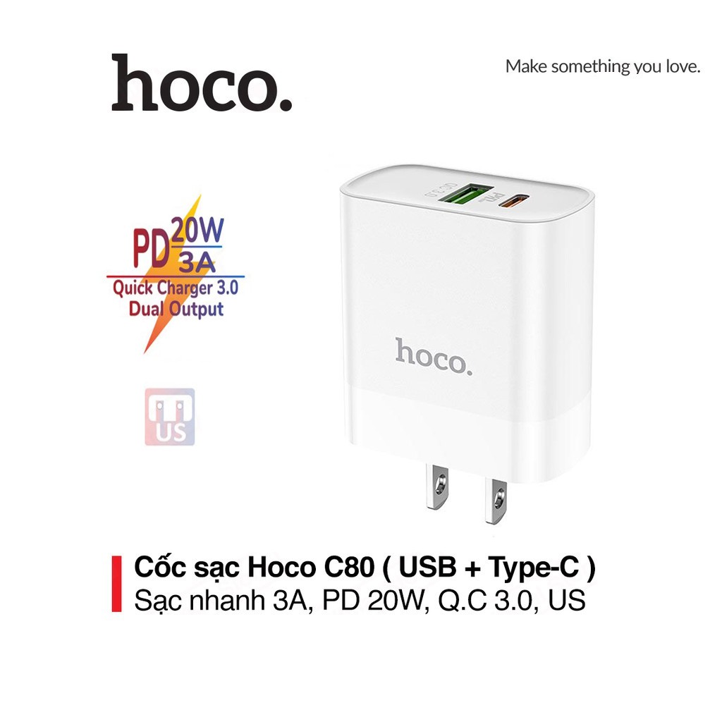 Củ sạc nhanh PD20W Hoco C80 cổng USB + Type-C chuôi dẹt Q.C 3.0 cho mọi thiết bị