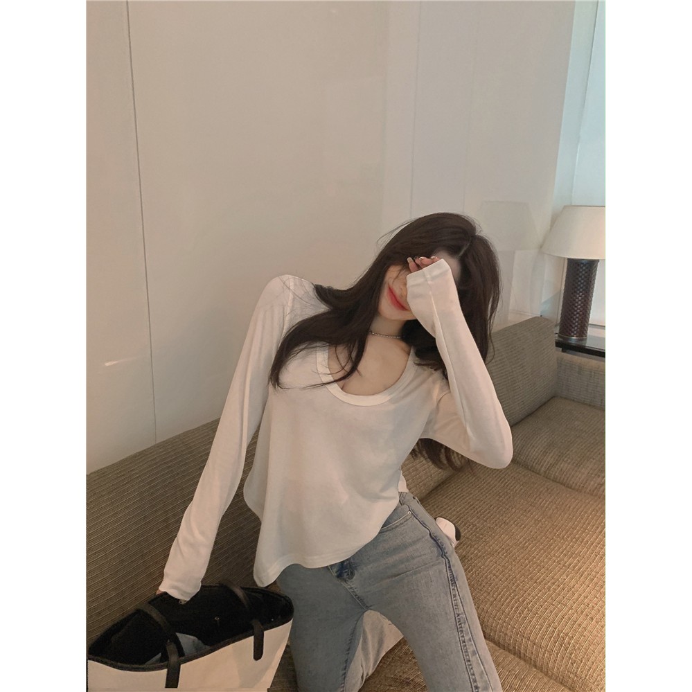 Áo Thun Dài Tay Cổ Tròn Thiết Kế Lệch Tà Quyến Rũ Thời Trang
