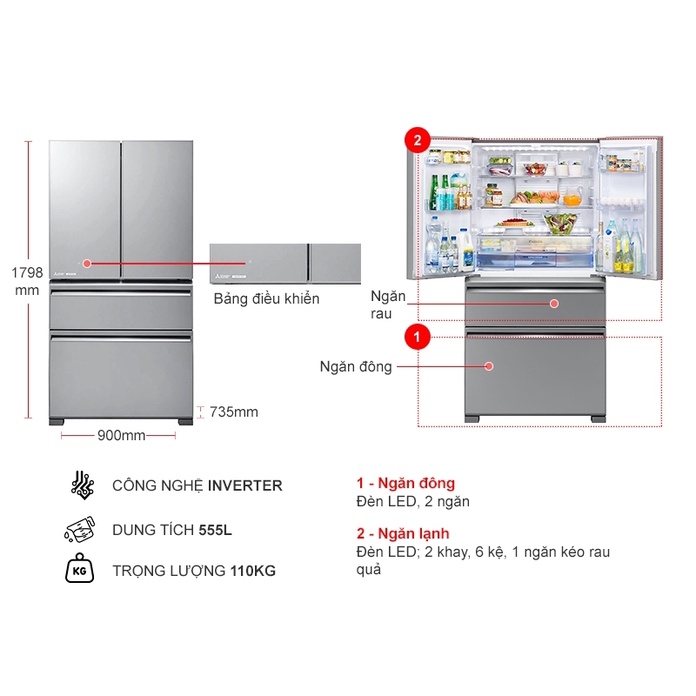 Tủ lạnh Mitsubishi Electric Inverter 555 lít MR-LX68EM-GSL-V