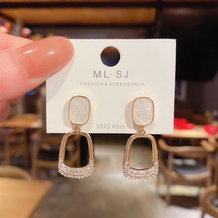 Bông Tai Mạ Bạc 925 Hình Vuông Đính Kim Cương Phong Cách Retro Hàn Quốc