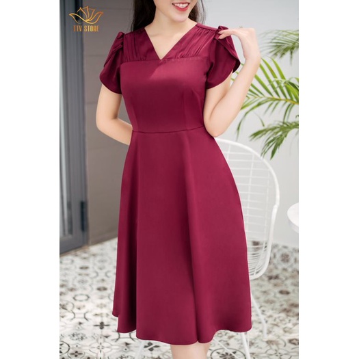 Đầm trung niên dự tiệc, công sở - Cổ tim nhúng tay đắp chéo - Đỏ mận - TTV708 TTV Store