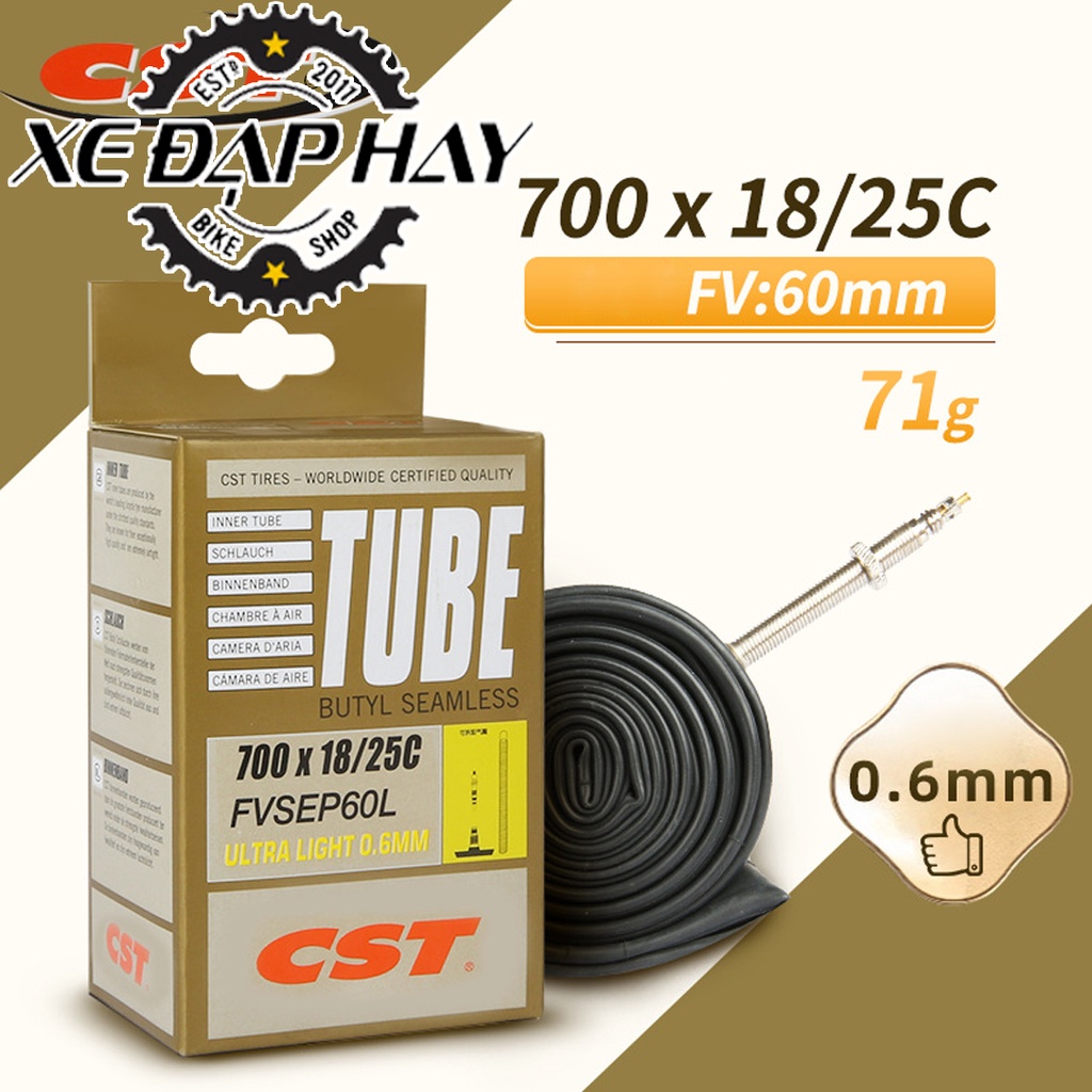Săm Xe Đạp Siêu Nhẹ Ultra Light 700x23/25C Van 60mm | Chính Hãng CST | Phù Hợp Dùng Xe Đạp Đua Vành Cao 30mm-50mm