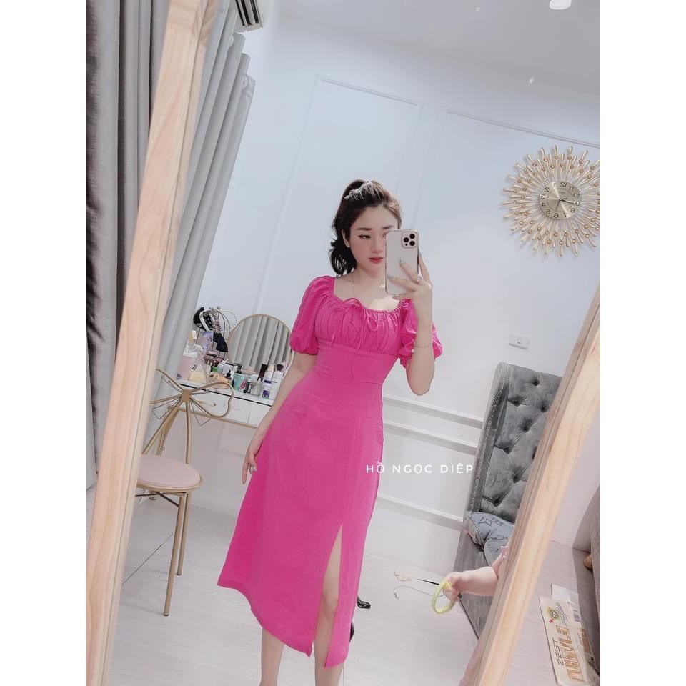 VÁY ĐŨI HỒNG/NÂU CỔ VUÔNG RÚT DÂY XẺ TÀ | BigBuy360 - bigbuy360.vn