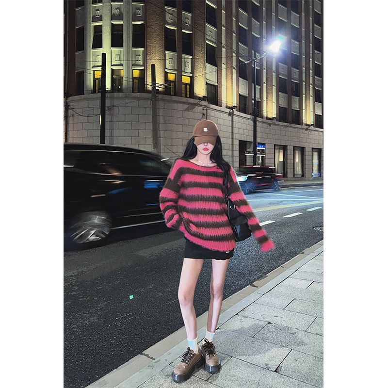Áo Sweater Dệt Kim Mỏng Kẻ Sọc Thời Trang Mùa Thu Năng Động