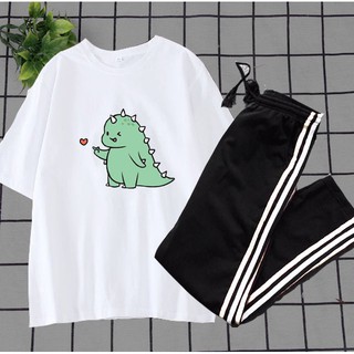 Sét Bộ Đồ Quần Áo Nữ Mặc Đi Chơi, Ở Nhà, Áo Thun Phông Cotton Organic In Khủng Long Bắn Tim Kèm Quần Thu