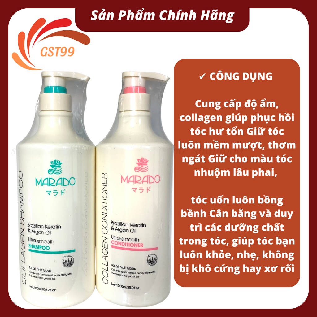 Cặp dầu gội xả MARADO collagen 1000ml chăm sóc phục hồi tóc chuyên sâu