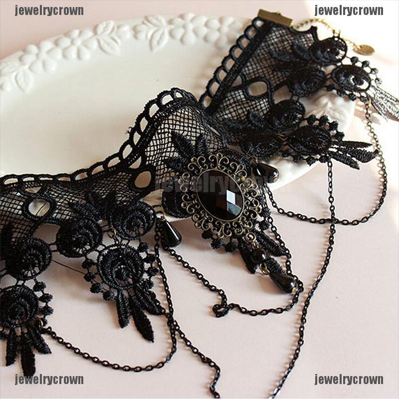 [Crown] Women Black Lace Flower Chain Tassel Choker Collar Necklace Gothic Punk Jewelry