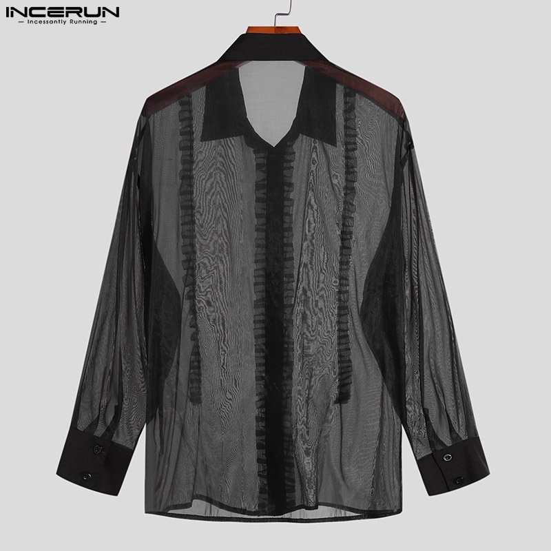 INCERUN Áo Sơ Mi Tay Dài Dáng Rộng Xuyên Thấu Phối Bèo Màu Đen Thời Trang Cho Nam