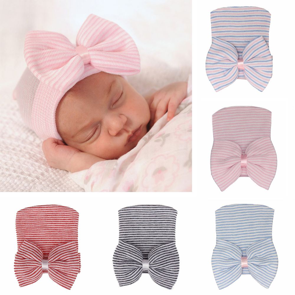 Mũ beanie mềm mại đính nơ họa tiết kẻ sọc dễ thương cho bé gái MIHAN1
