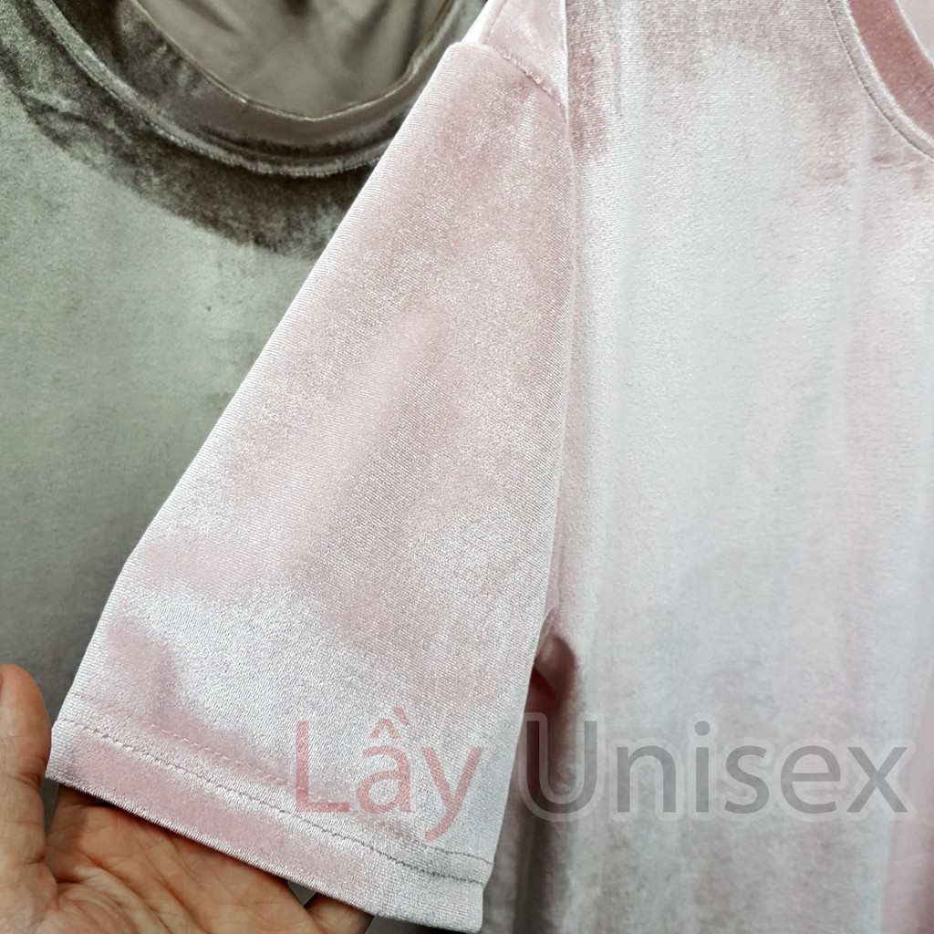 Áo tee nhung form rộng, tay lỡ unisex dành cho nam nữ - Áo nhung màu BE
