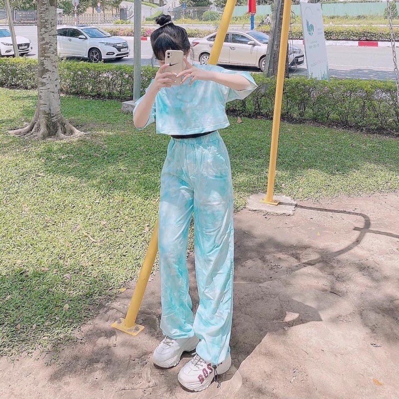 [NGUYÊN SET] Set áo croptop + bra đen + quần dài loang màu | BigBuy360 - bigbuy360.vn