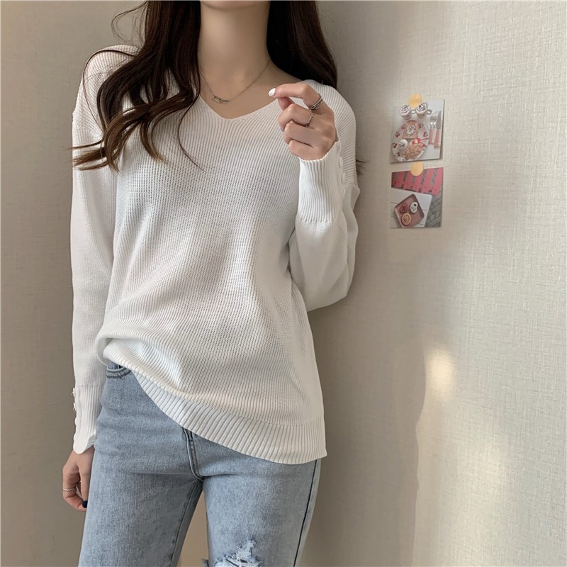 LEEVA - Áo len tăm cổ V phối nút tay đơn giản nhẹ nhàng A177