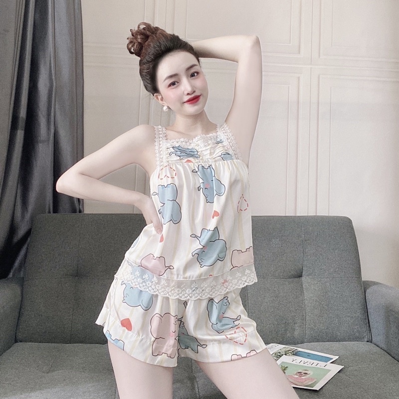 Đồ ngủ lụa latin phối ren hoạ tiết dễ thương freesize 42-57kg