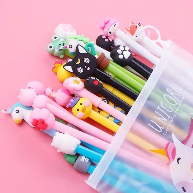 Set 20 bút bi nước cute nhiều màu nhiều mẫu kèm túi