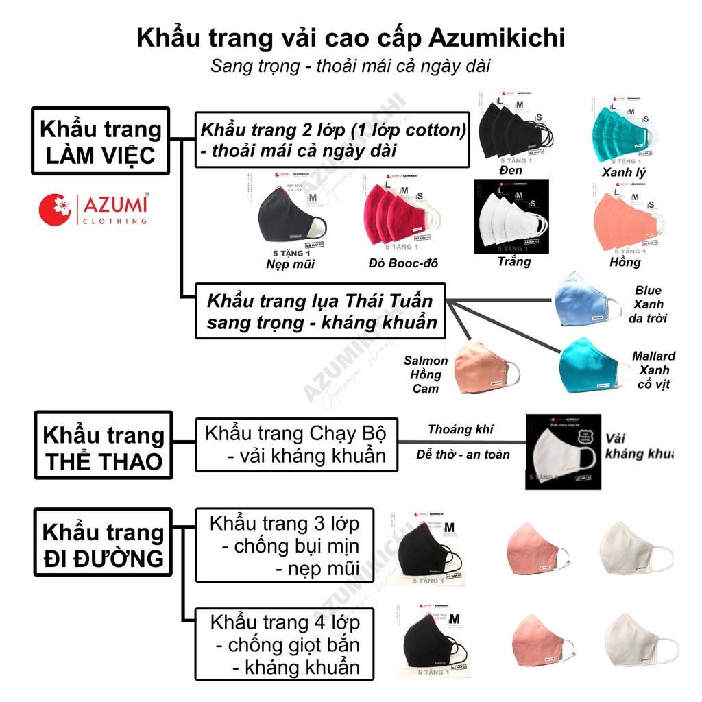 Khẩu trang lụa nhiều màu 5 TẶNG 1, khẩu trang thời trang cao cấp vải lụa mịn mát quý phái silk face mask Azumikichi