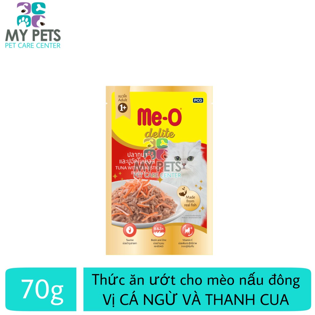 Thức ăn ướt Me-o delite hương vị CÁ NGỪ và THANH CUA nấu đông - Gói 70g
