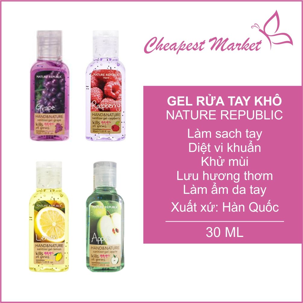 Gel rửa tay khô sát khuẩn không gây nhờn rít, khô da khi sử dụng Nature Republic-30ml