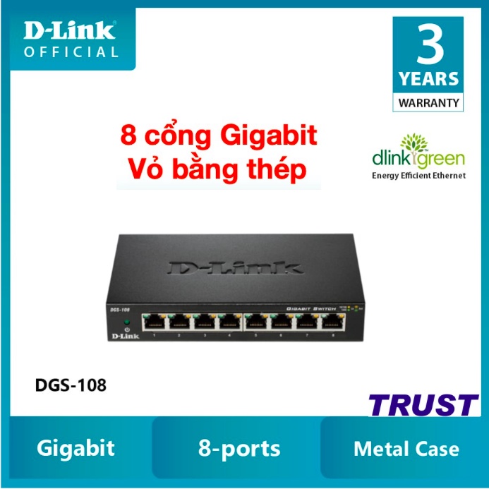 D-Link Gigabit Vỏ thép Bộ chia mạng Switch 8 cổng RJ45 Tăng tốc máy chủ - Thiết bị chuyển mạch D-LINK DGS-108/DGS-108GL