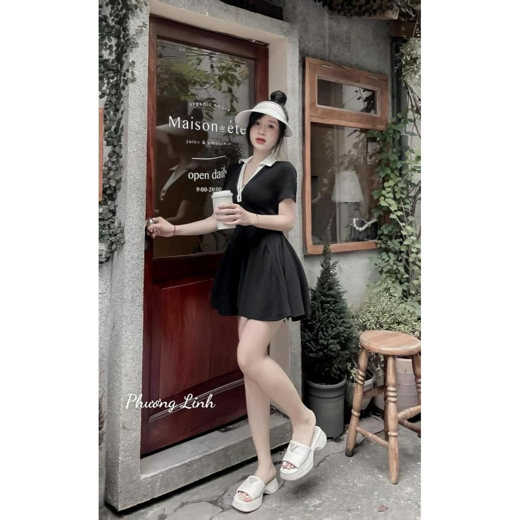 Đầm xoè phối trụ nút cổ tim phom ngắn chất thun gân thích hợp mặc đi làm đi chơi phù hợp với mọi phong cách