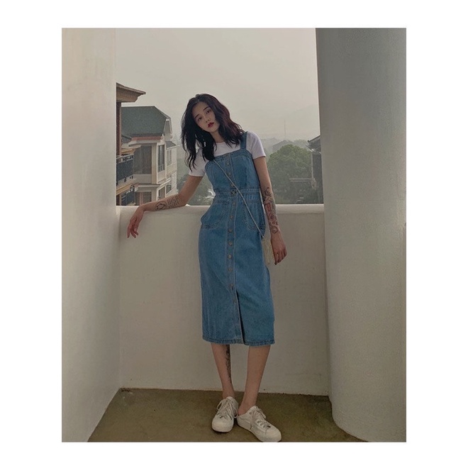 Váy Yếm Jeans Xẻ Trước Dáng Dài Kiểu Dáng Retro