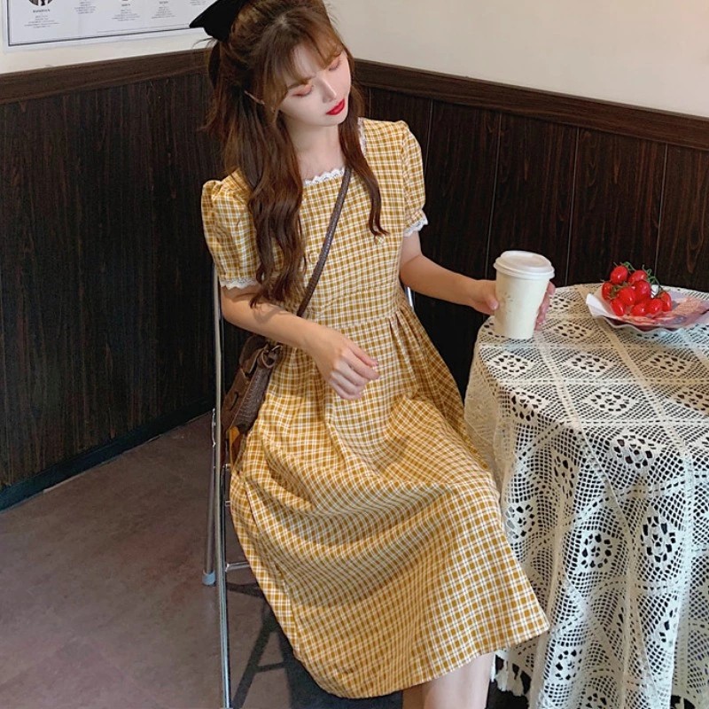 Đầm Caro Tay Ngắn Thời Trang Dành Cho Nữ