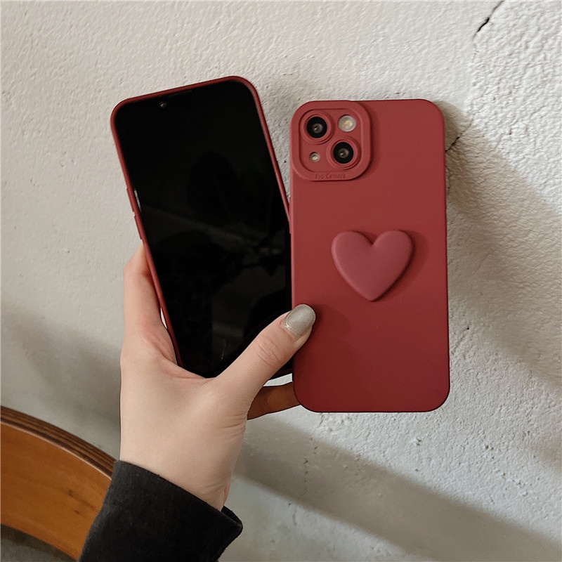 Ốp điện thoại TPU mềm họa tiết trái tim 3D màu đỏ rượu thời trang thích hợp cho iPhone 13 12 11 Pro Max XR 8 7 Plus