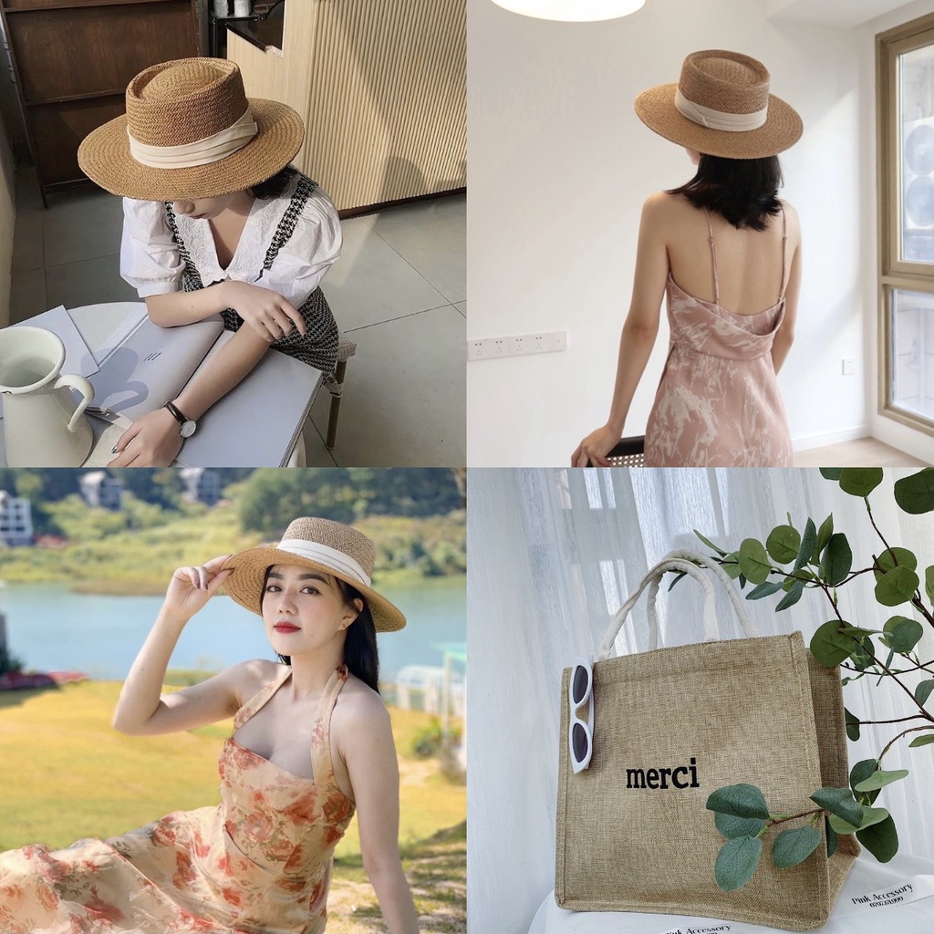 Mũ cói, nón cói rộng vành tự nhiên cao cấp đóng gói hộp to không bị hỏng form, đi biển dạo phố