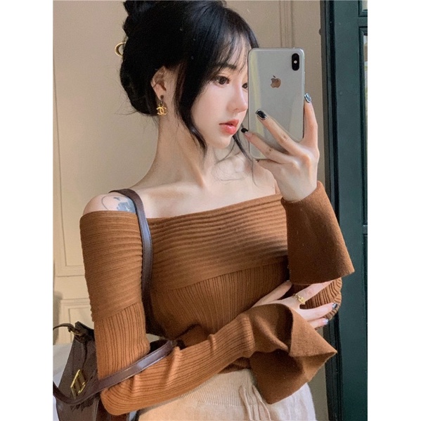 áo trễ vai bẹt vai len dài tay loe ôm body